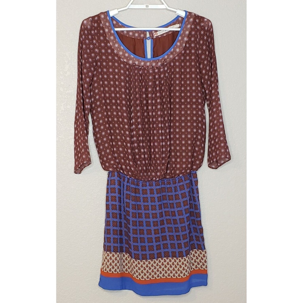 Chelsea & Violet Dress XS 3/4 Sleeve Maroon Blue Elastic Waist Rayon Knee Length